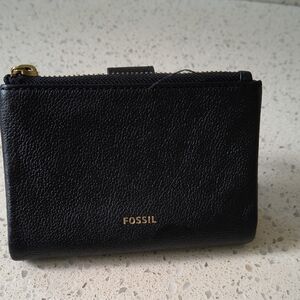 Fossil Black Leather Zip Wallet with Gold Logo